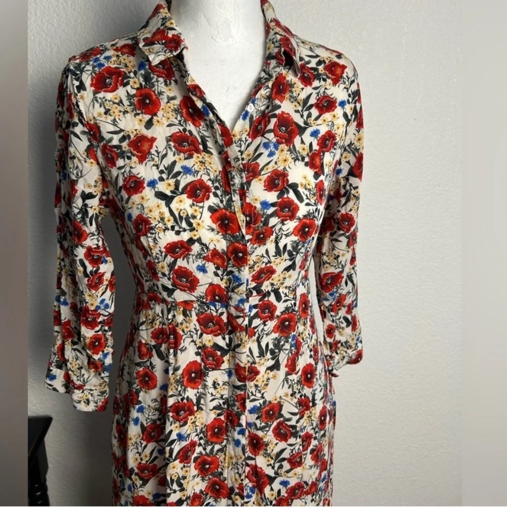 Zara White Floral Long Sleeve Wrap Dress with Red Accents - Picture 5 of 9